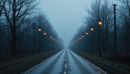 A string of lamps illuminates a long, damp road that extends into the distance.  The road is flanked by bare trees, which give the area a gloomy and unsettling feel.