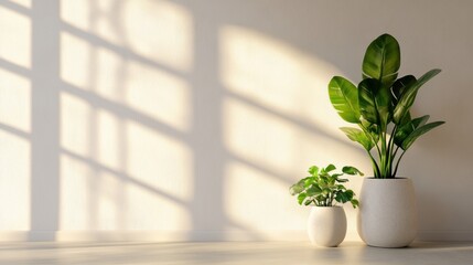 Design studio glowing in sunset light with green plants and a cozy minimalist arrangement