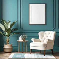 Teal living room with a white armchair and plants
