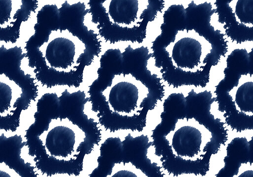 Shibori indigo geometric hand painted ink pattern