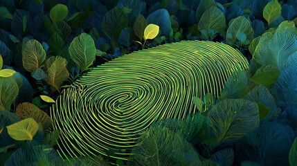 Glowing Neon Fingerprint Concept Surrounded by Abstract Leafy Graphics