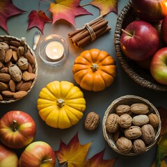 Illustration of overhead shot of autumn harvest with pumpkins, apples, nuts, cinnamon sticks, candle and colorful leaves