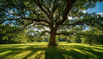 Obraz premium Majestic ancient oak tree casting long shadows on a sunny meadow.