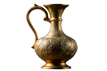 Luxurious antique golden pitcher with intricate traditional engravings and a gracefully curved handle, elegantly isolated on a pure white background for decorative concepts