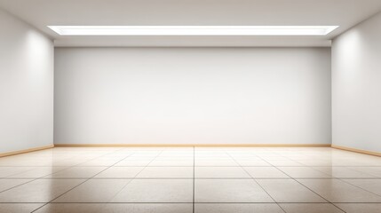Fototapeta premium Empty Modern Interior Space with White Walls, Tiled Floor, and Recessed Lighting, Perfect for Mockups or Presentations
