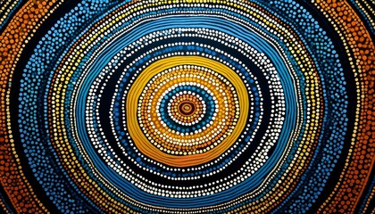 vibrant aboriginal dot painting with blue and yellow patterns on black background