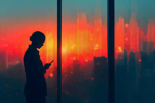 Businesswoman Using Smartphone by Office Window at Sunset with Data Visualization Overlay