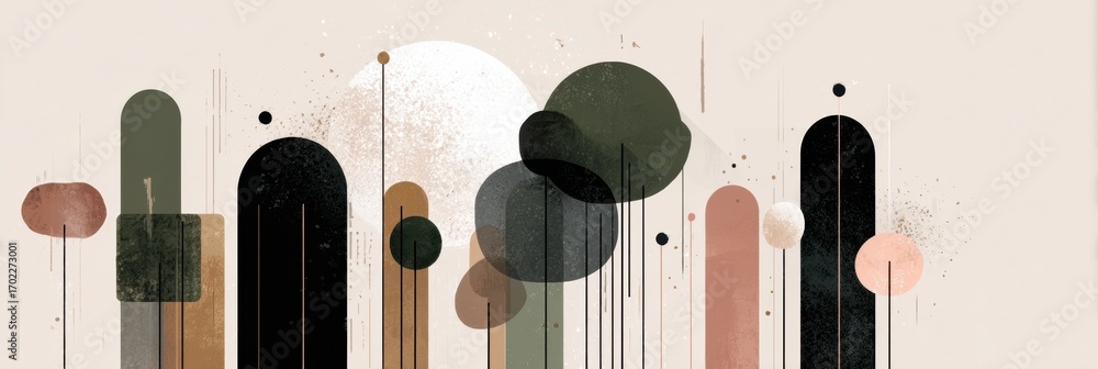 Poster abstract art composition featuring geometric shapes and muted colors on a light background, explorin