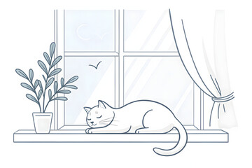 Minimalist Single Line Drawing of Cat on Windowsill