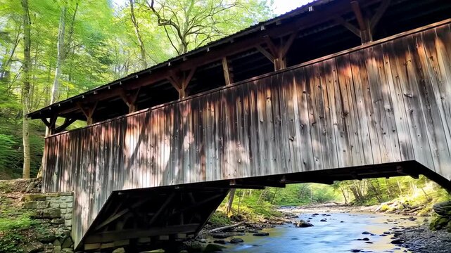 Aged wooden covered bridge over a babbling brook