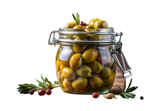 Delicious Jar of Marinated Olives A Culinary Delight - Fresh Green Olives Preserved in Oil with Herbs and Spices, Ready to Eat - Powered by Adobe