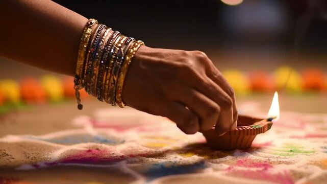 A woman's hand placing a lit diya lamp on a colorful rangoli design, celebrating Diwali.