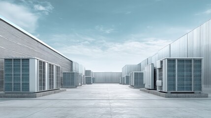 Obraz premium Commercial HVAC System on Rooftop with Sky Backdrop, Industrial Cooling Units, Climate Control, and Energy Efficiency