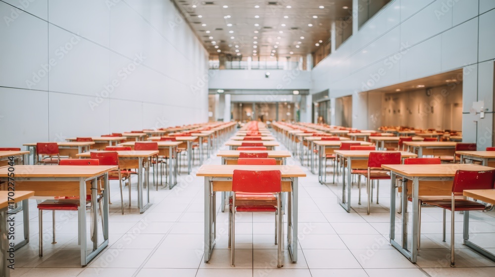 Poster classroom exam setting with rows of tables and chairs ready for students in bright light