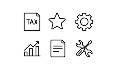 Minimalist icon set featuring tax, star, gear, graph, document, and tools