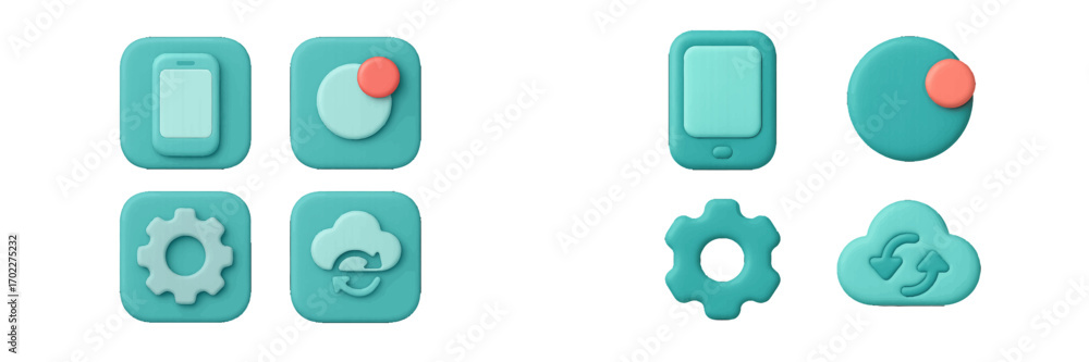 Poster set of 3d user interface icons for mobile applications and web design including smartphone, settings
