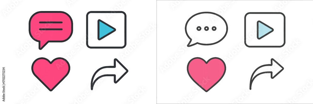 Poster social media icon set with like, comment, share, and play buttons for user interface design and web 