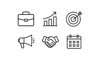 Minimalistic office icon set featuring business tools and symbols