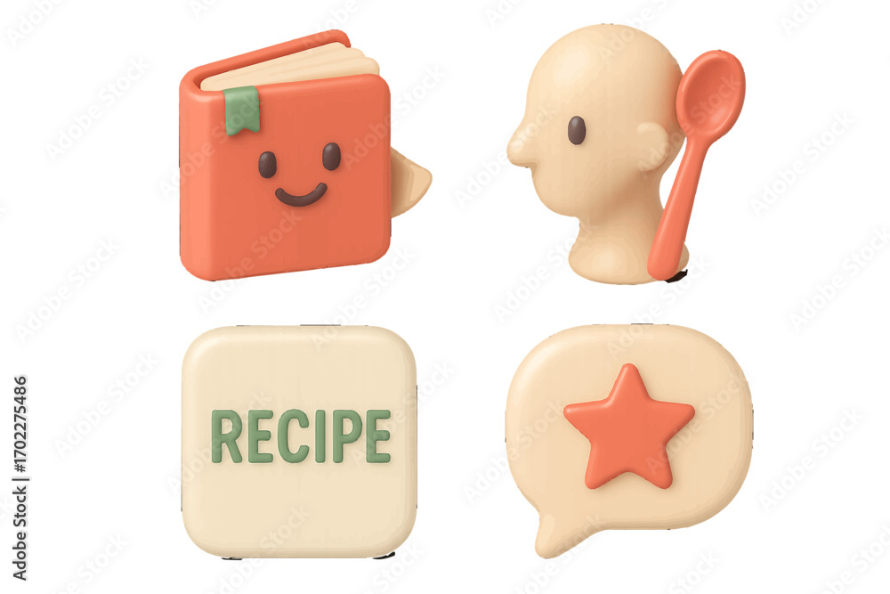 Poster 3d icon set for cooking and recipe app interface with cookbook, chef head, recipe button, and star r