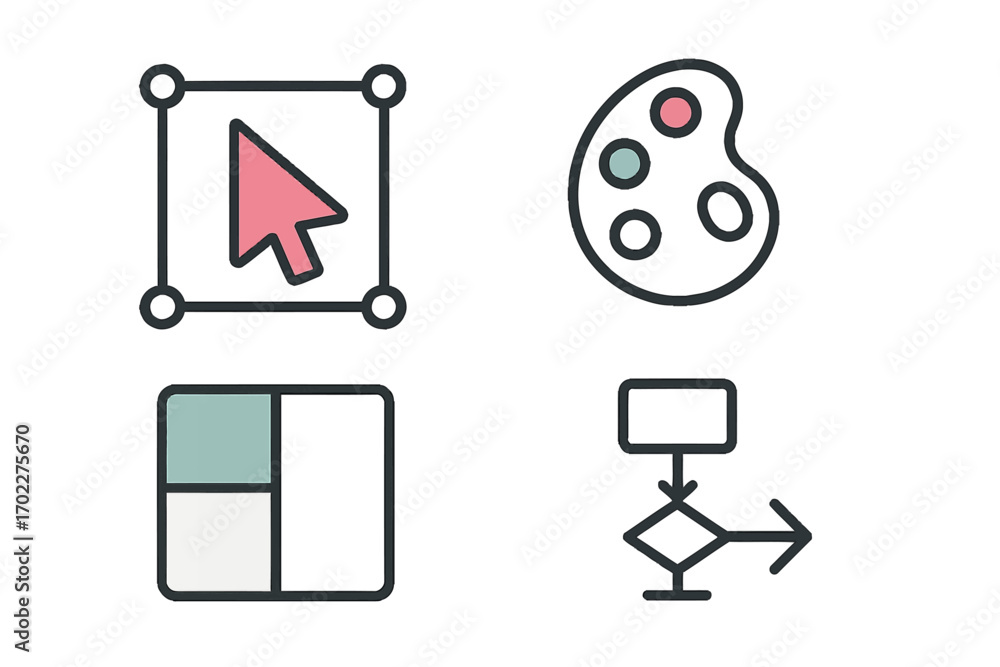 Poster set of design and development process icons including selection tool, color palette, layout grid, an