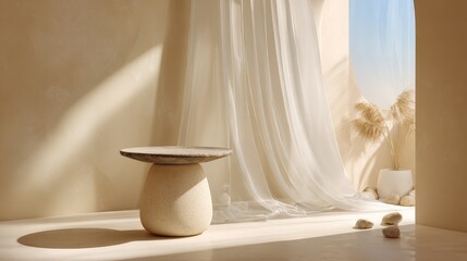 Minimalist Interior with Stone Table, Sheer Curtain, and Pampas Grass for Elegant Home Decor