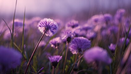 Ethereal purple flower field at dawn with soft focus and bokeh.