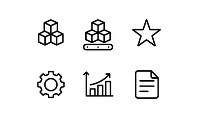 Minimalistic line art icons: blocks, star, gear, graph, document