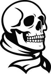 Skull illustration with scarf black and white, Gothic skull design in monochrome