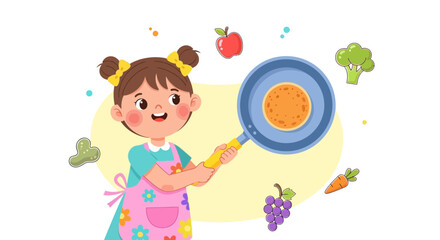 Cute cartoon illustration of a girl cooking food concept, preparing food and smiling