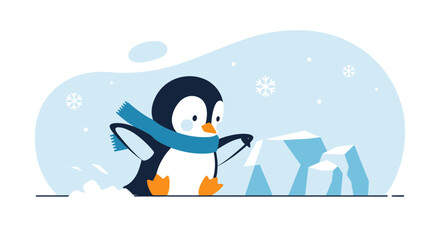 Naklejka premium Cute cartoon penguin in winter with scarf and icebergs, vector illustration