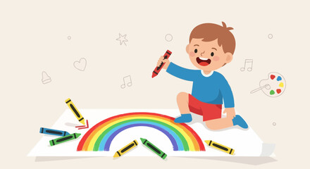 Cute illustration of a child drawing a rainbow with crayons on white paper