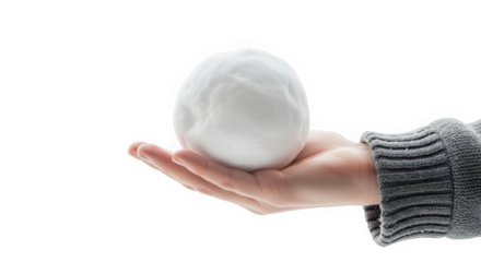 Hand holding a snowball with grey sweater on white background  