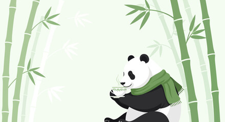 Cute panda relaxing in a bamboo forest and enjoying a cup of tea peacefully