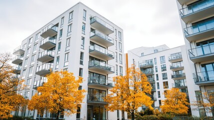 Modern Apartment Complex with Autumn Foliage Offering Urban Living and Real Estate Investment Opportunities