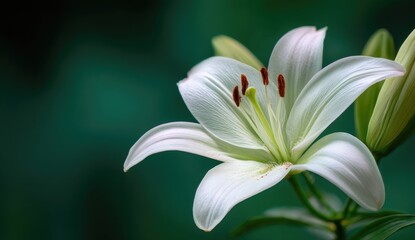 Obraz premium Close-up of a pristine white lily against a deep green backdrop