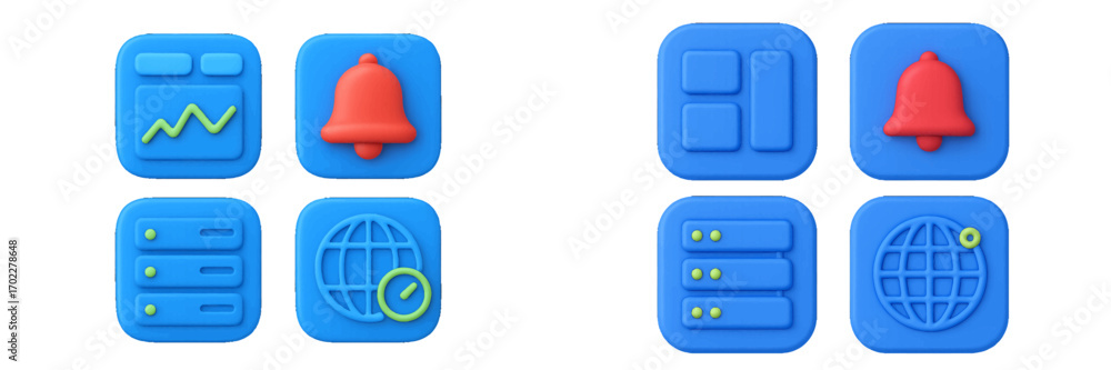 Poster colorful volumetric icon collection for ui and ux design featuring symbols for analytics, notificati