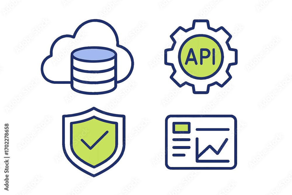 Poster set of technology icons for cloud database storage, api integration, data security shield, and analy