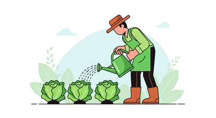 Farmer Watering Cabbage Plants in a Garden, Cultivating and Cultivation Concept