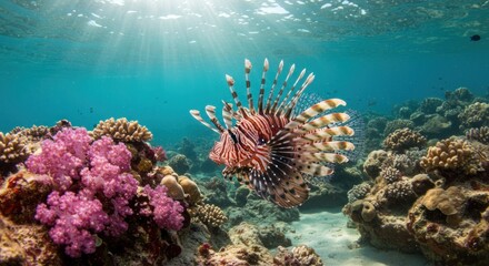 Obraz premium Lionfish swims through a vibrant coral reef with sunbeams