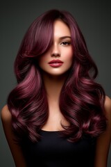 Fototapeta premium Stunning woman with luscious, wavy burgundy hair showcasing modern beauty and elegance in a striking portrait.