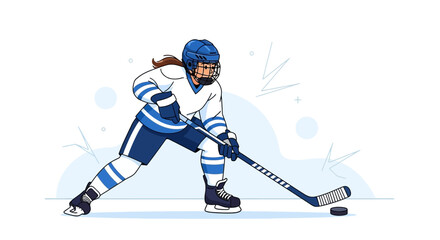 Female Ice Hockey Player in Action with Puck Cartoon Illustration on White Background