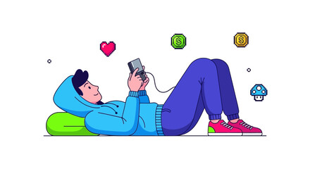 Digital Enthusiast Relaxing While Playing Games on Their Phone with Pixelated Elements Displayed