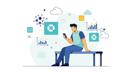 Digital User Checking Modern Data While Using Phone On The Bench Conceptual Design