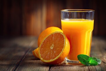 Fresh orange juice in glass, beside oranges on rustic wood