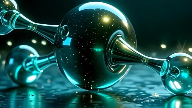 In a stunning display of symmetry, see a dual-core molecule rotating on mirrored axis slowly, its sleek surfaces reflecting a harmonious blend of rich emerald and electric cyan, as fine