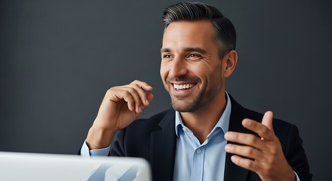 Smiling businessman with sleeves rolled up enthusiastically sharing ideas in a collaboration meeting with clients