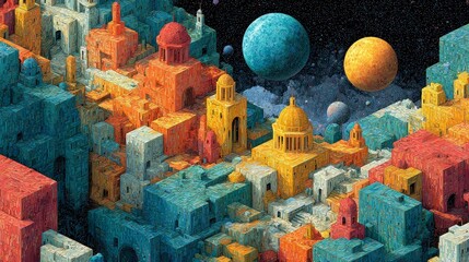 Obraz premium An AI-generated dream world with vibrant geometric structures and planets in a cosmic landscape
