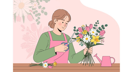 Florist Crafting Exquisite Floral Arrangement with Scissors and Water Can Aesthetic