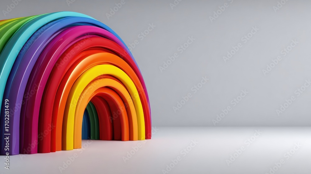 Poster colorful rainbow arch composed of layered glossy stripes creating a tunnel shape on a neutral backgr