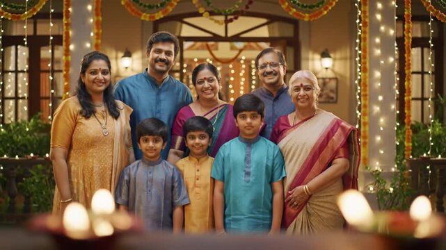 A multi-generational Indian family gathers in front of their decorated home, smiling warmly.